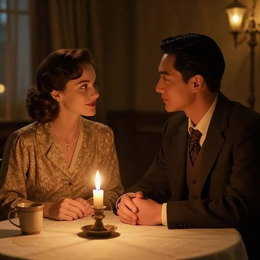 Vintage photograph of a couple in 1940s attire, seated at a table with a lit candle, holding hands, in a dimly lit room