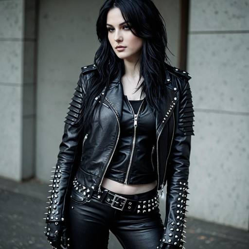 Woman in studded black leather cosplay outfit