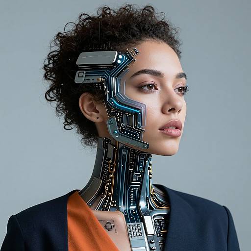 Photographic portrait of a curly-haired woman with a cybernetic neck and face, wearing an orange shirt and black blazer, against a light blue
