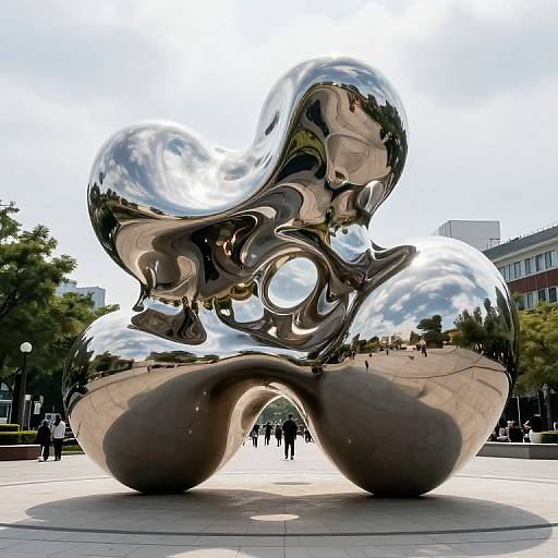 Photograph of a large, reflective, abstract metal sculpture with smooth, curved shapes, reflecting surroundings, located in an urban plaza.