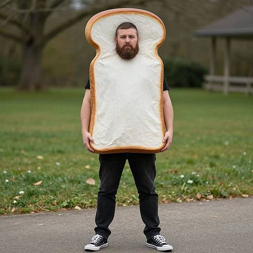Photograph of a bearded man standing outdoors, wearing black pants and sneakers, with a slice of white toast covering his torso. Background includes a grass