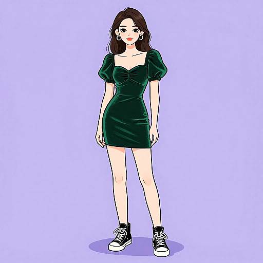 Digital anime-style drawing of a young woman with long brown hair, wearing a dark green dress, black sneakers, and standing against a light purple background.