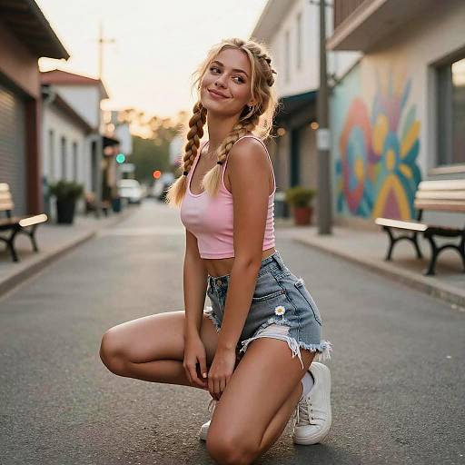 Blonde Woman in Crop Top and Denim Shorts Outdoors