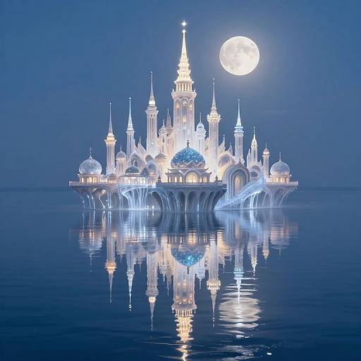 Photorealistic digital artwork of a glowing white, ornate mosque with multiple domes and minarets, illuminated by a full moon, reflecting on