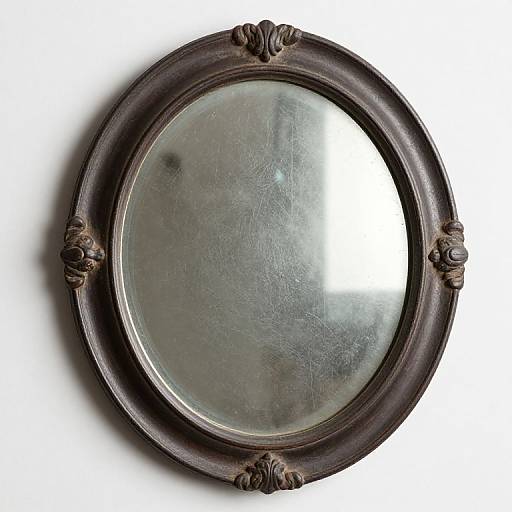 Photograph of an oval, antique, dark wooden-framed mirror with ornate, carved corners, showing a fogged, reflective glass surface.