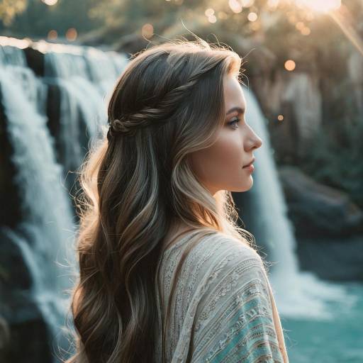 Contemplative Woman by Waterfall at Sunset