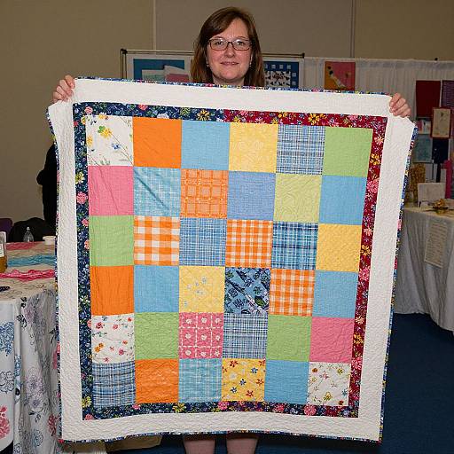 Photograph of a smiling woman with glasses holding a colorful, square-patterned quilt with vibrant orange, blue, green, and pink fabrics.