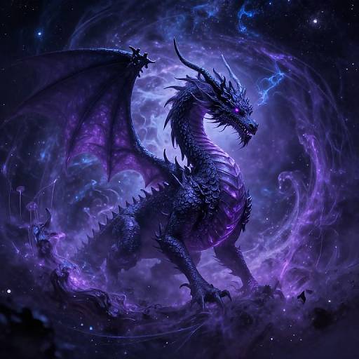 Digital fantasy artwork of a powerful, dark purple dragon with glowing blue eyes and wings, surrounded by swirling cosmic clouds of purple and blue light in a star