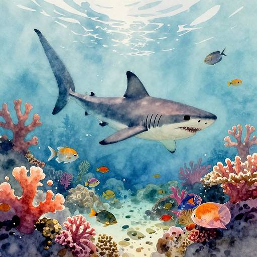 Watercolor illustration of a large shark swimming amidst colorful coral reefs and various fish in a sunlit, blue underwater scene.