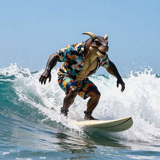 Photorealistic digital artwork of a muscular, anthropomorphic bull surfer with dark brown skin, colorful floral shorts, and horns, riding a wave against