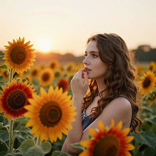 Photograph of a beautiful young woman with wavy brown hair, wearing a blue dress, standing in a sunlit sunflower field, gently touching her