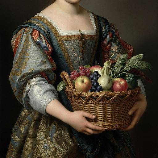 Photograph of a woman in an ornate Renaissance dress holding a wicker basket filled with grapes, apples, onions, and leafy greens. Dark