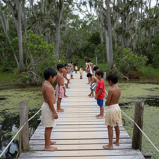 Photograph of Indigenous children in grass skirts standing on a wooden boardwalk in a lush, swampy forest, with trees draped in Spanish moss in the