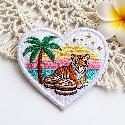 Heart-shaped embroidered patch with a tiger sitting on a rock under a sunset, palm tree, and stars, on a macramé background.