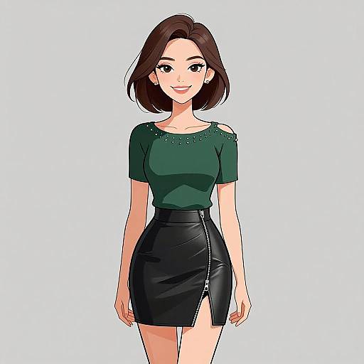 Smiling Woman in Green Blouse and Leather Skirt