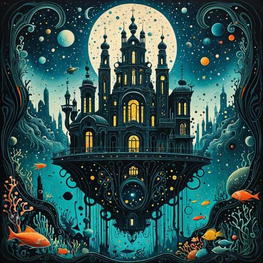 Surreal Underwater City with Galaxies