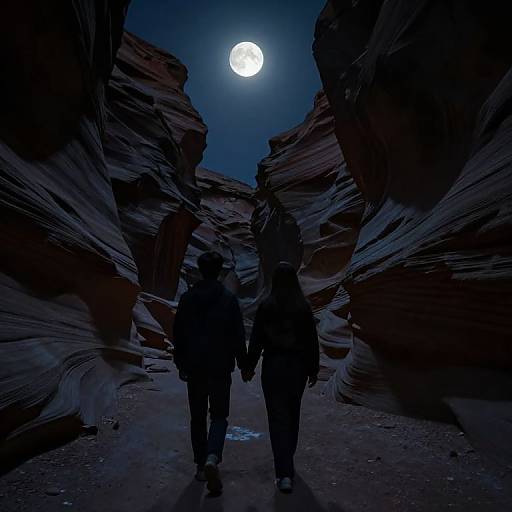 Photograph of two silhouetted figures walking through a narrow, moonlit slot canyon with towering, layered rock formations. Bright full moon overhead.