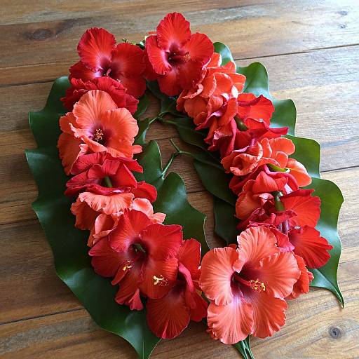 Photograph of a circular floral wreath made from vibrant red hibiscus flowers with green leaves, arranged on a wooden surface.