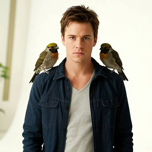 Photograph of a serious young man with short brown hair, wearing a blue denim jacket over a white V-neck shirt, with two small birds perched