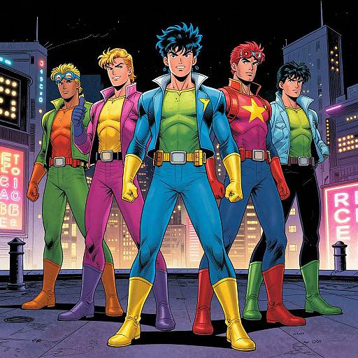 Colorful comic-style illustration of five male superheroes in vibrant suits and boots, standing confidently on a neon-lit city rooftop at night. Each wears unique
