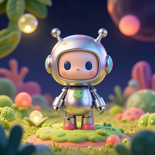 CGI illustration of a cute, metallic, astronaut-like robot with a round face and large black eyes, standing in a colorful, neon-lit,