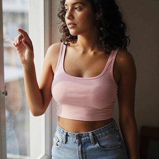 Photograph of a curly-haired woman with light brown skin, wearing a pink tank top and blue jeans, standing near a sunlit window, raising her