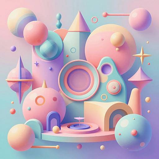 Digital art of pastel-colored geometric spheres, cones, and star shapes, with a circular centerpiece, set against a gradient blue-to-pink background.