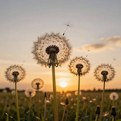 Photograph of silhouetted dandelions against a golden sunset, with delicate seeds blowing away in a serene field.