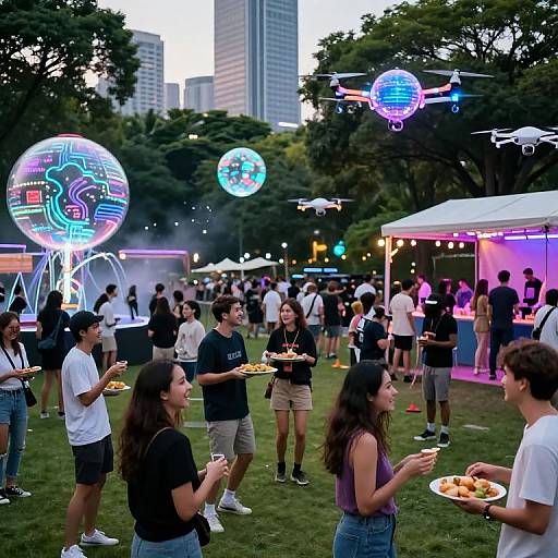 Photograph of a lively outdoor tech-themed party with neon holographic orbs, diverse young attendees, food in hand, white tents, and city skyline in
