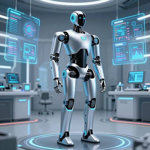Digital CGI of a sleek, silver humanoid robot with blue glowing accents standing in a futuristic, high-tech control room. Neon blue holographic screens surround it