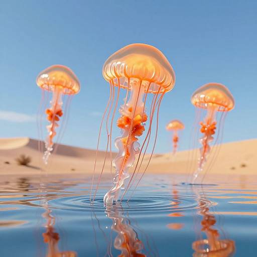 Photograph of vibrant orange jellyfish with translucent bells and long, flowing tentacles, floating in a calm, reflective blue water pool under a clear,