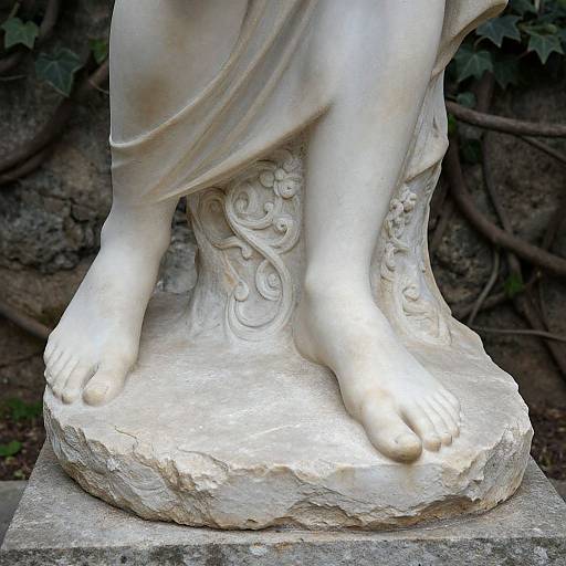 Photograph of a detailed white marble statue depicting bare feet with intricate floral patterns on the base, set against a background of tangled tree roots.