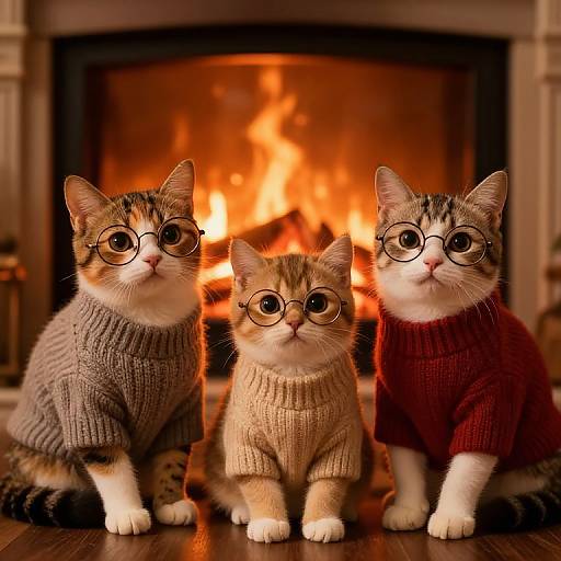Photograph of three adorable kittens wearing glasses and cozy sweaters, sitting in front of a warm, glowing fireplace.