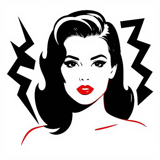 Pop art-style digital illustration of a retro-styled woman with black hair, red lips, and bold black and white geometric background.
