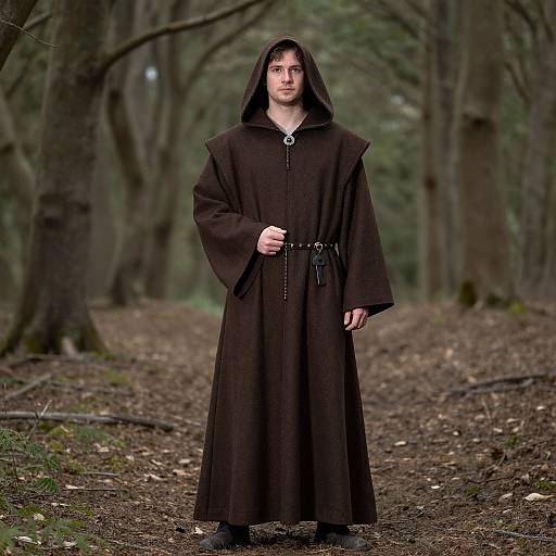 Photograph of a young man in a dark brown monk's robe with hood, standing in a forest path, surrounded by tall trees.