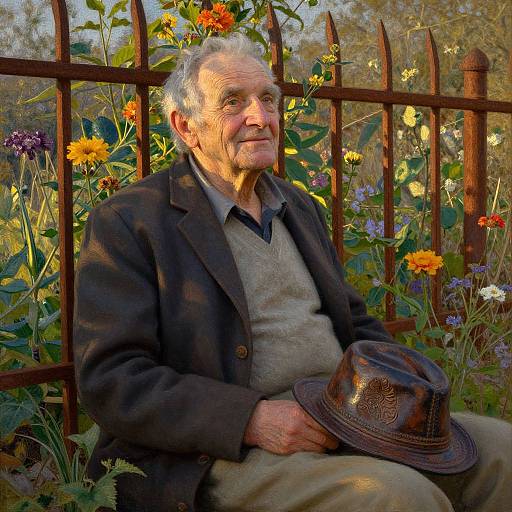 Photograph of an elderly man with gray hair, smiling, wearing a dark jacket, beige sweater, and brown hat, sitting by a rusty fence surrounded