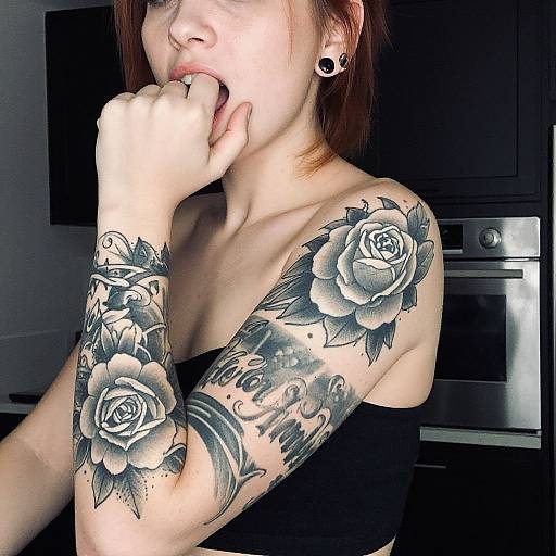 Tattooed Redhead in Dim Kitchen