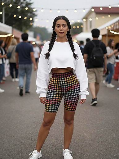 Photograph of a young Black woman with braided hair, wearing a white crop sweater and multicolored houndstooth shorts, standing confidently in