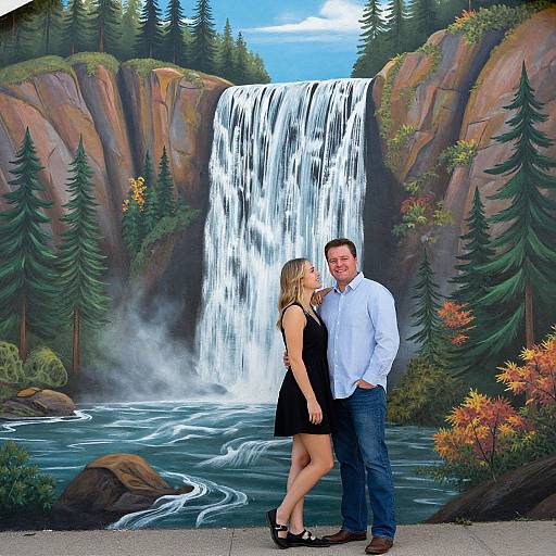 Photograph of a smiling couple standing in front of a painted waterfall and forest mural, wearing casual clothes; woman in black dress, man in white shirt