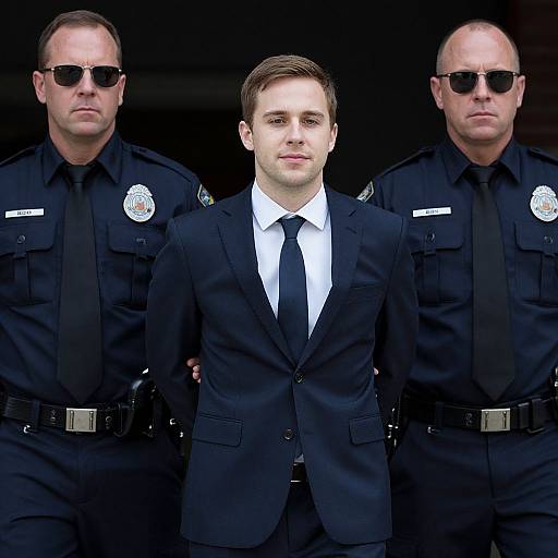Photograph of a young Caucasian man in a black suit with a black tie, flanked by two tall, serious-looking male police officers in dark uniforms