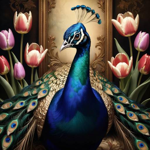 Elegant Peacock Among Blooming Tulips