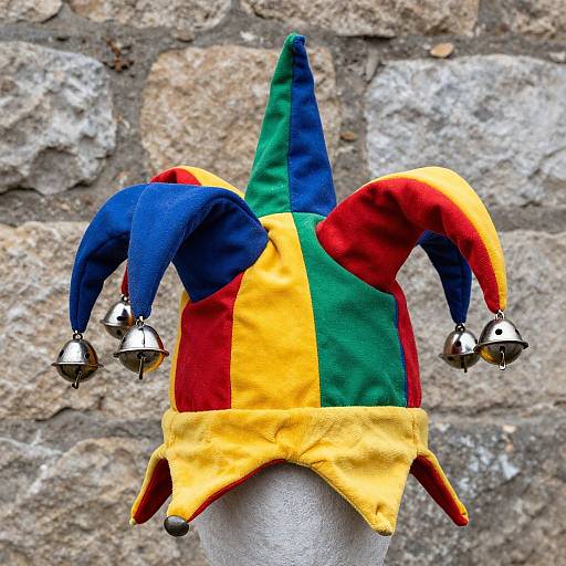 Photograph of a vibrant, colorful jester hat with yellow, red, green, and blue sections, adorned with silver bells, against a rustic stone