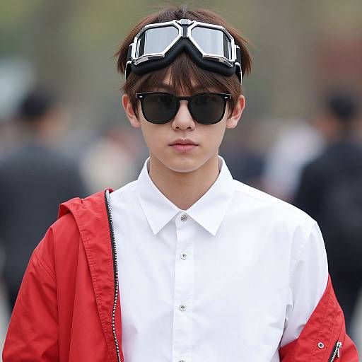 Photograph of a young Asian man with short brown hair, wearing black sunglasses, white shirt, red jacket, and goggles on his head, standing outdoors