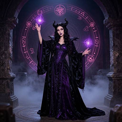 Digital fantasy artwork of a dark, gothic witch with black horns, long black hair, and a purple glowing dress, casting spells in an ancient,