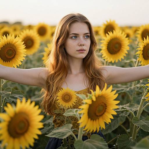 Photograph of a fair-skinned, red-haired woman with blue eyes standing in a sunflower field, arms outstretched, surrounded by vibrant yellow