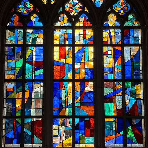 Vibrant stained glass window with geometric patterns in red, blue, orange, and yellow, set in three arched panes.