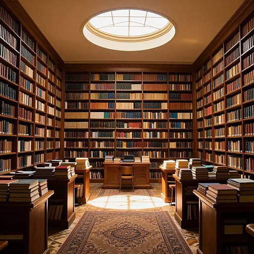 Photograph of a dimly lit, elegant library with tall wooden bookshelves filled with colorful books, a circular skylight, and stacks of