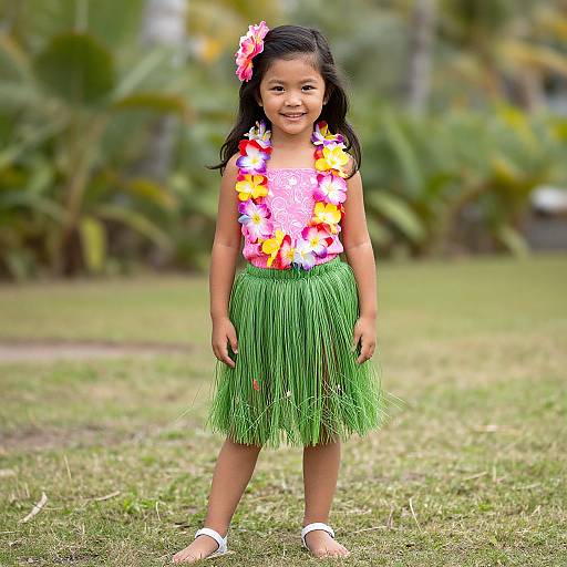 Photograph of a young Asian girl with black hair, wearing a pink flower in her hair, colorful flower lei, green grass skirt, and white sandals