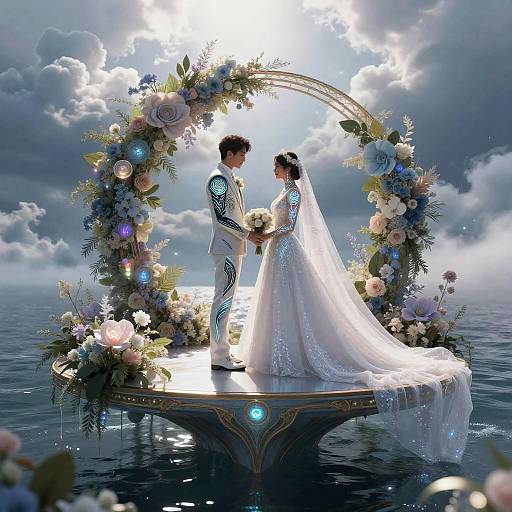 Futuristic AI Wedding on Floating Platform