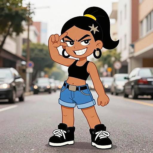 Cartoon-style drawing of a confident, tan-skinned girl with black hair in a ponytail, wearing a black crop top, blue shorts, black